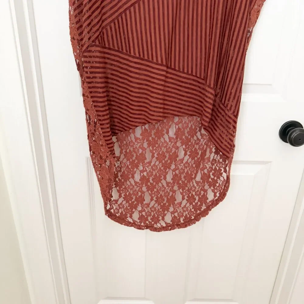 Free People Daydream Hi Low Lace Stripe Round Neck Tunic Burnt Orange Small